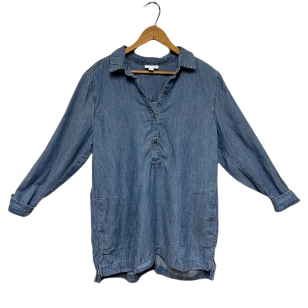 J. Jill Women’s Denim Shirt Blouse Chambray Tunic Top Size Medium Long Sleeves